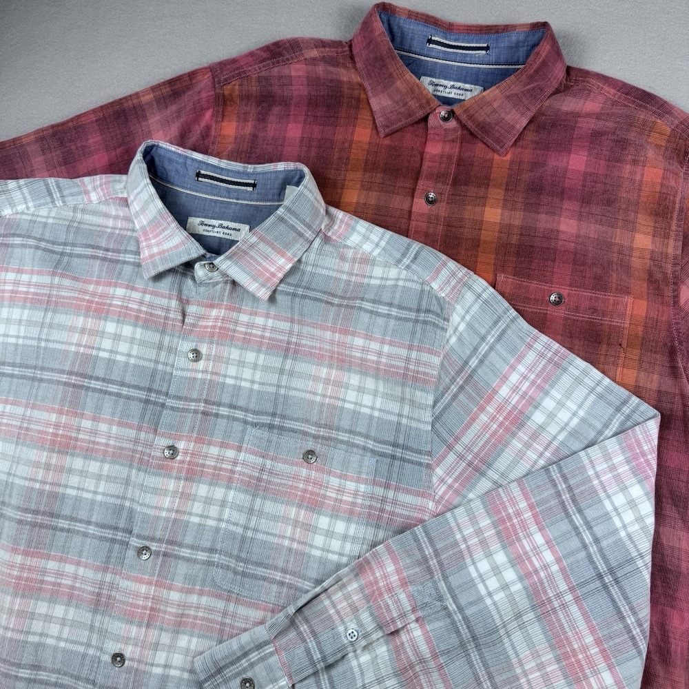 Lot of 2 Tommy Bahama Coastline Cord Long Sleeve Button Shirts Men XL Plaid